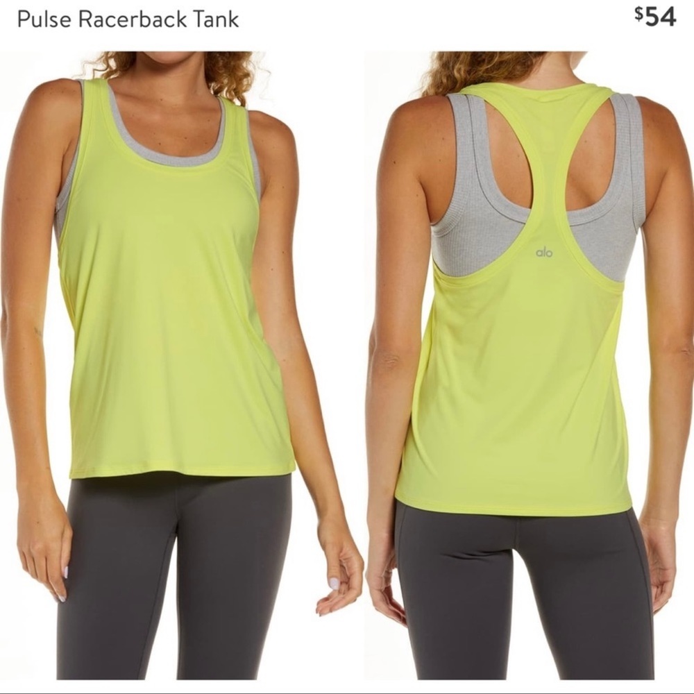 ALO Yoga Neon Lime Racerback Tank with Gray Trim